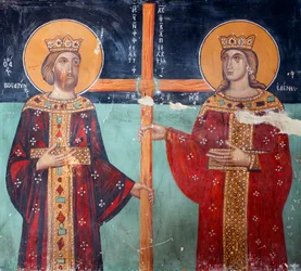 Fresco Bizantino del Siglo XV Emperador Constantino y su Madre Helena Pintura Mural Capilla del Arcángel Miguel, Aldea de Galata, Chipre Iglesias Pintadas Sitio UNESCO Troodos, Chipre